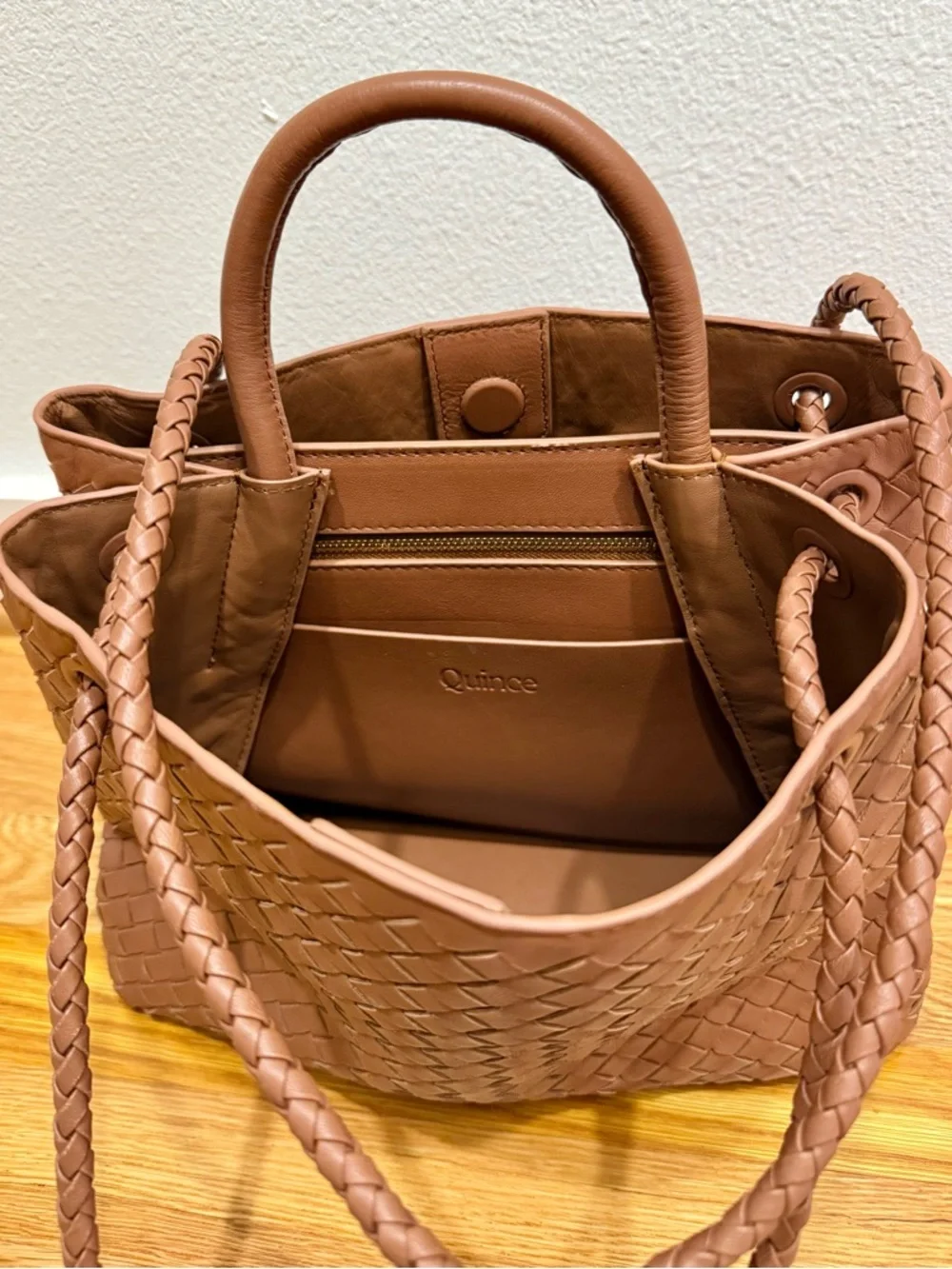 Large Quince Italian Leather Handwoven Satchel Cognac Woven Crossbody Tote Purse - Picture 4 of 6